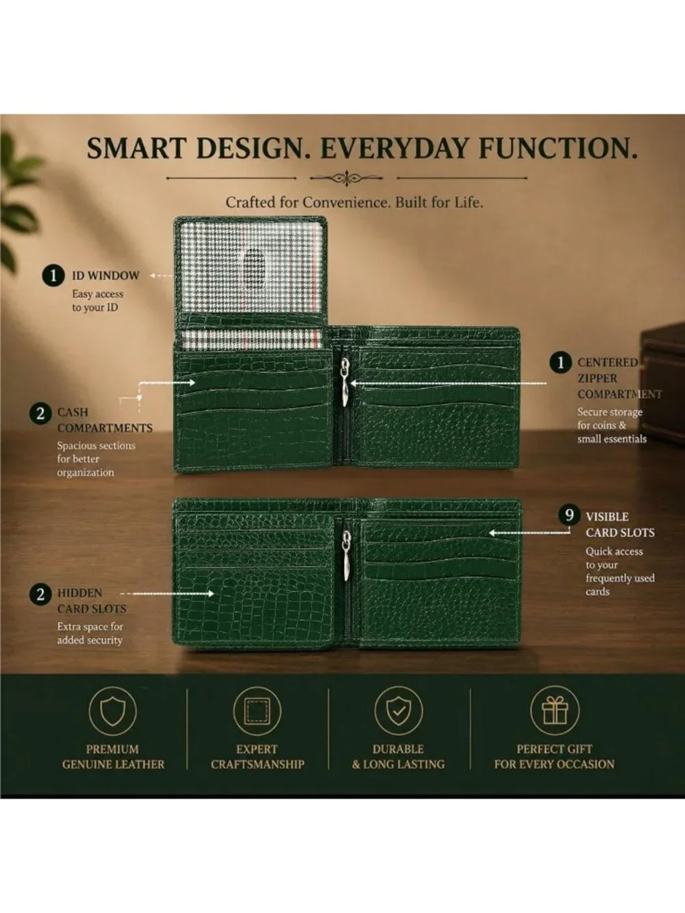 Genuine Leather RFID Blocking Bifold Wallet for Men - 9 Card Slots, Coin Pocket